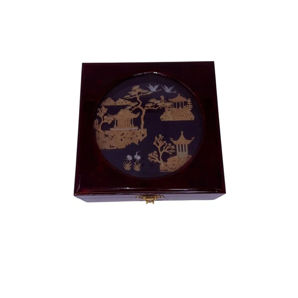 Vtg Chinese Diorama Lacquered Jewelry‎ Box with Inlaid Scene Red Silk Interior